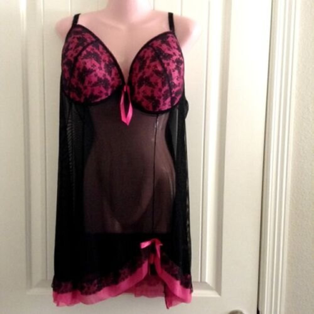 Per Lei Pink Black Babydoll Chemise Built in Bra Size 3XL